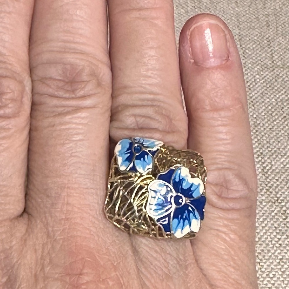 Chunky Square Pansies Enamel Ring, .925 Sterling Silver